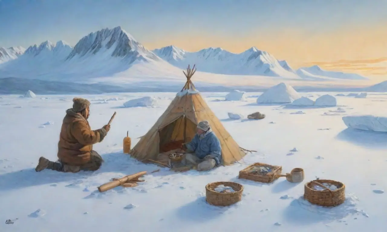 Un paisaje ártico con Inuit, herramientas tradicionales, un kayak, focas, y la lucha entre tradición y modernidad