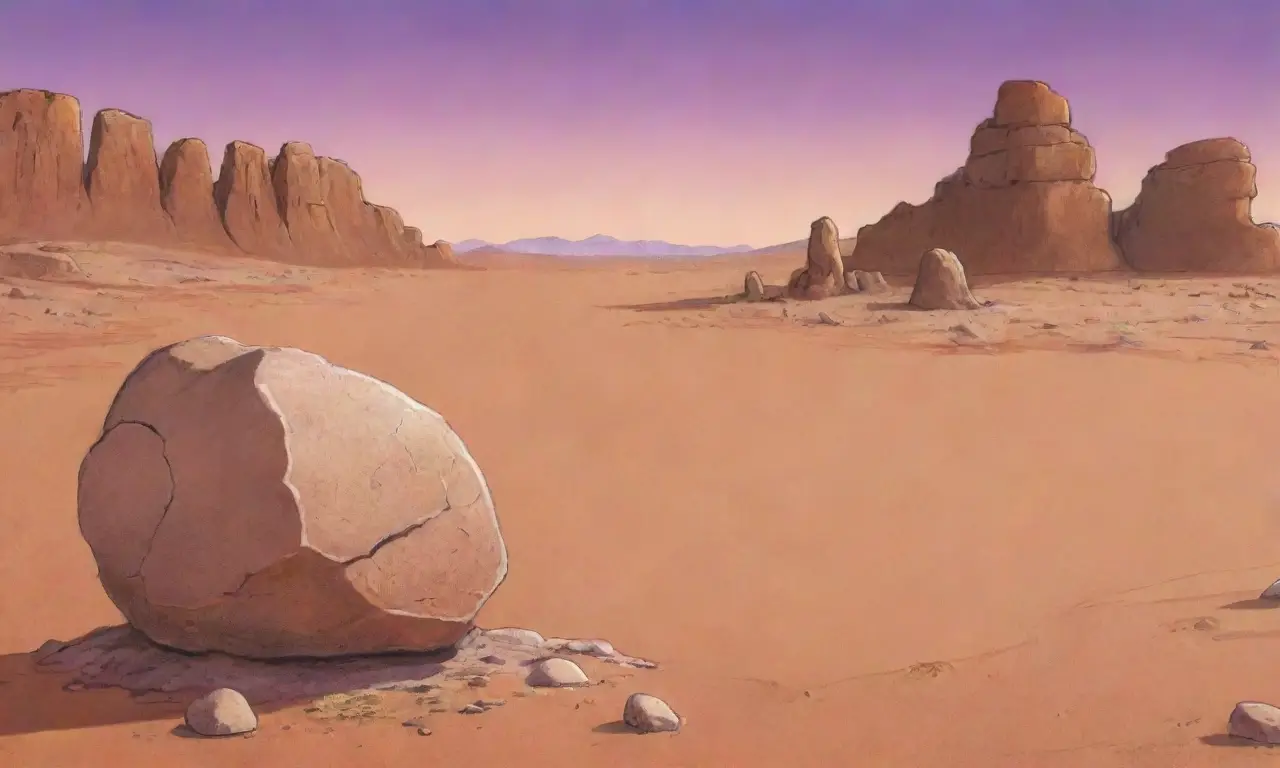 Sísifo lucha eternamente en un desierto dorado, rodeado de ruinas y sombras, simbolizando la lucha entre la esperanza y la desesperación