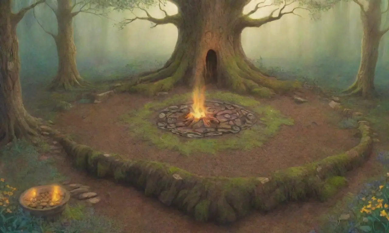 Un bosque denso y sagrado, lleno de árboles antiguos, luces doradas, runas, ofrendas y ecos de rituales
