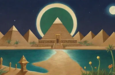 Un cielo estrellado con una luna llena ilumina antiguas pirámides y la figura majestuosa de Osiris en un ambiente de paz y eternidad