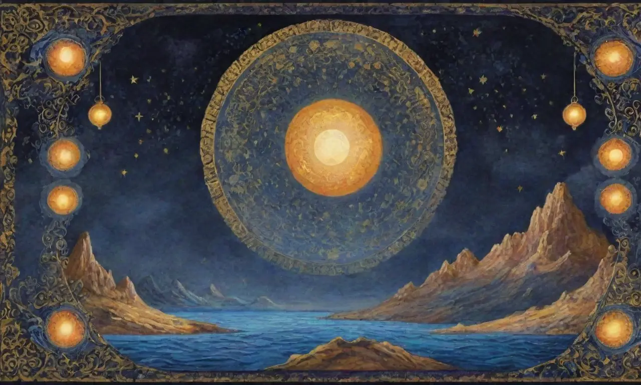 Un tapiz vibrante de colores dorados y azules, con símbolos antiguos, criaturas míticas y un equilibrio entre luz y oscuridad
