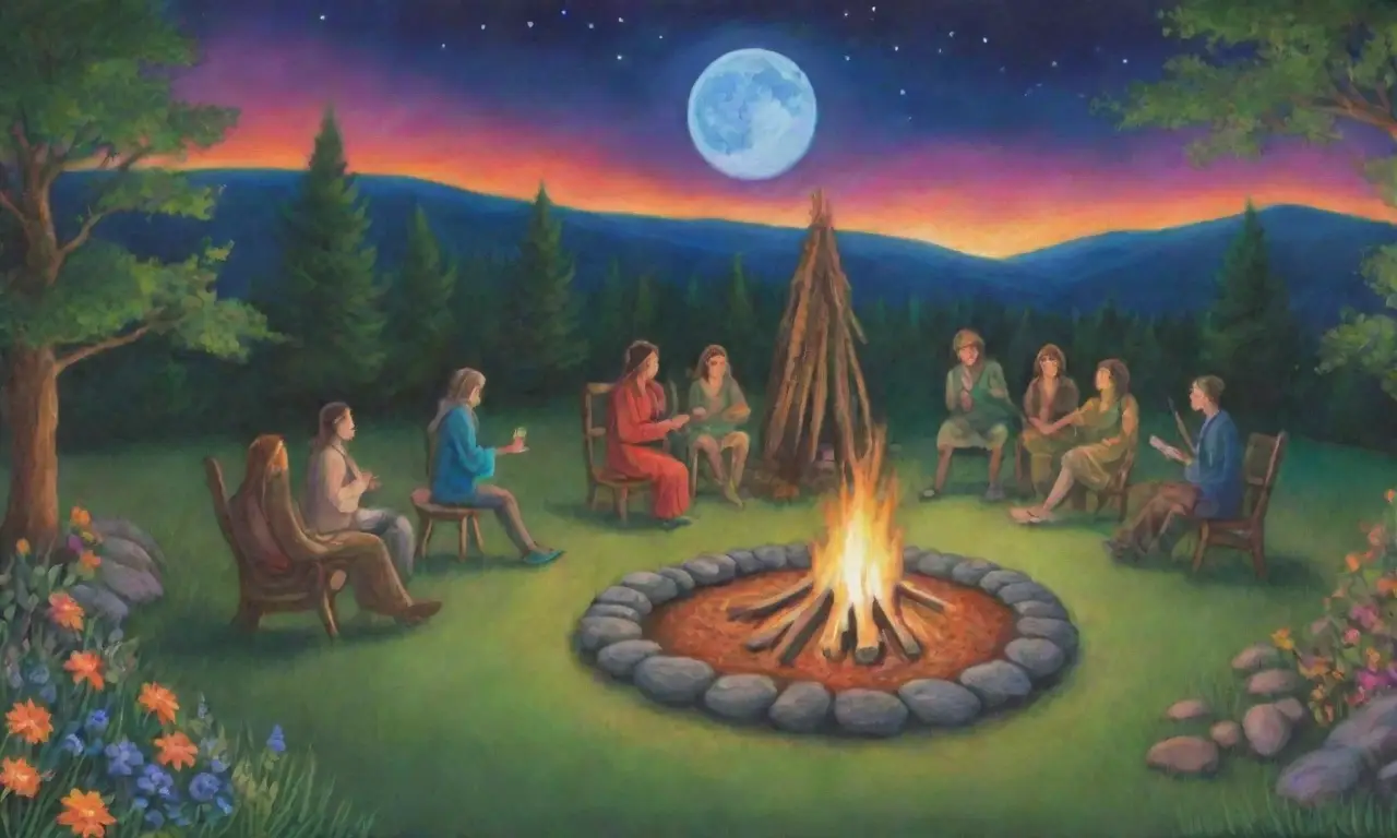 Una celebración mágica bajo la luna llena, con fuego, danza y naturaleza