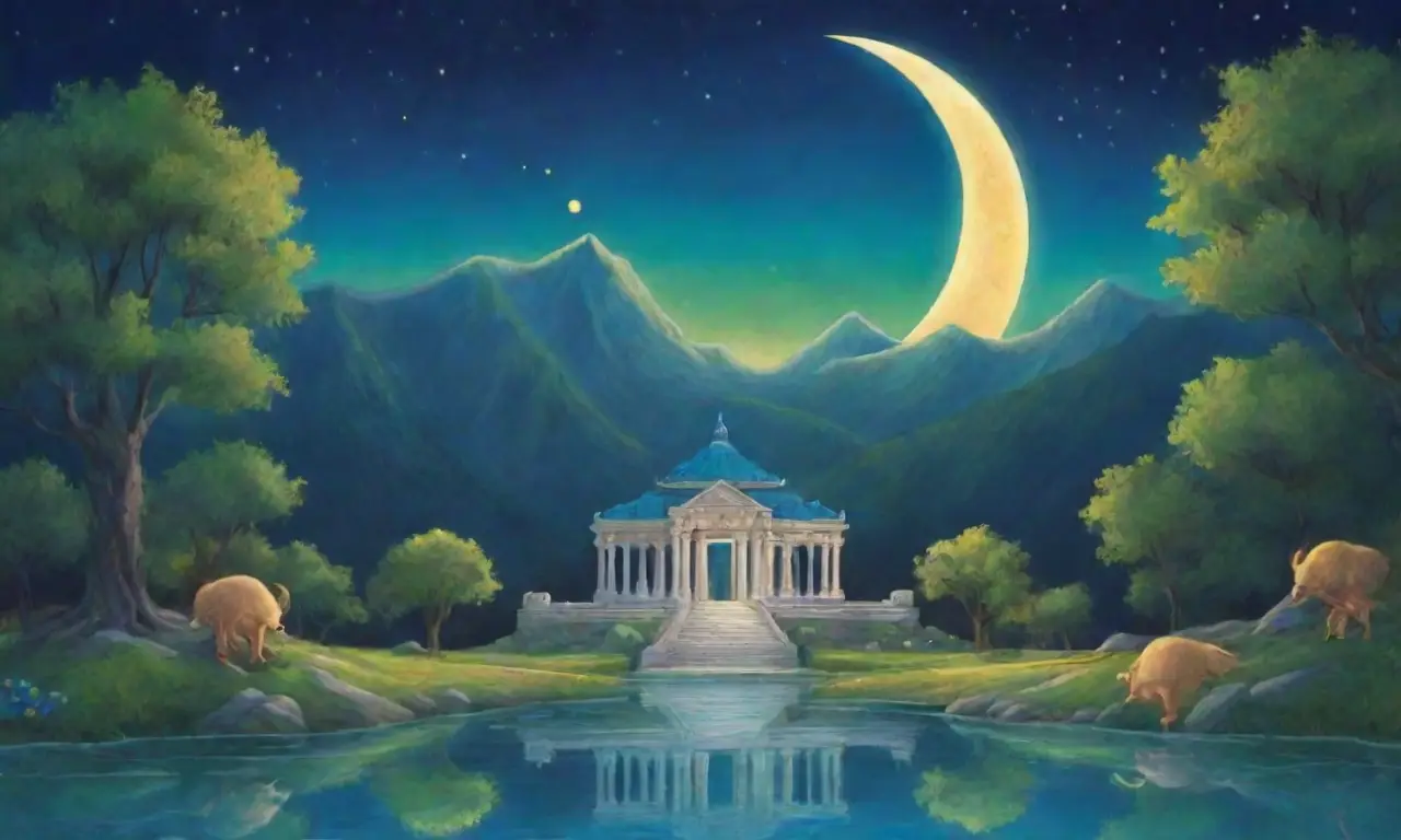 Un paisaje celestial con un cielo azul, estrellas brillantes, luna dorada, bosque verde, templo antiguo y criaturas míticas en una atmósfera serena
