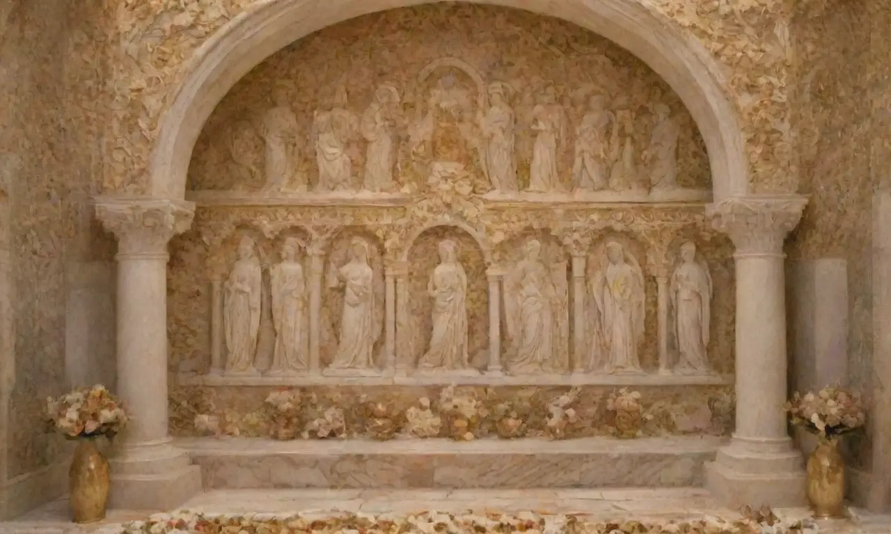Un ambiente etéreo y elegante evoca la divinidad y el poder femenino en un templo antiguo