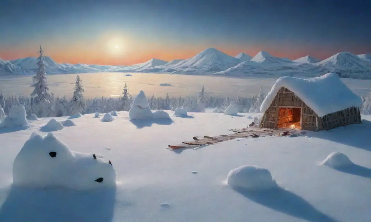 Un paisaje helado con un oso polar, una aldea inuit y la aurora boreal