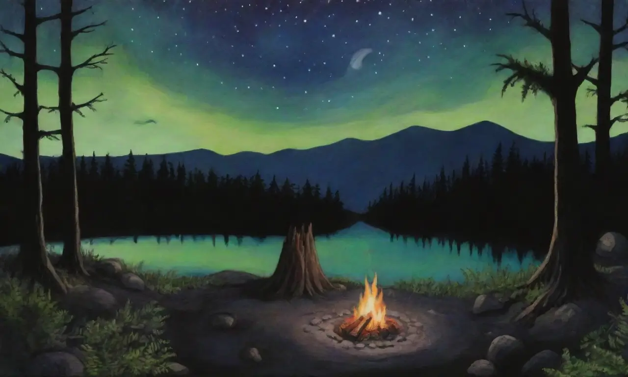 Un cielo nocturno estrellado y místico rodea un lago sereno, mientras un lobo aúlla y un fuego parpadeante ilumina símbolos antiguos