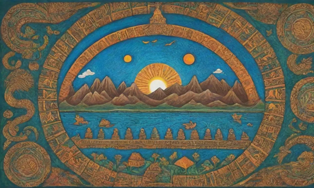 Un paisaje vibrante con colores turquesa y oro