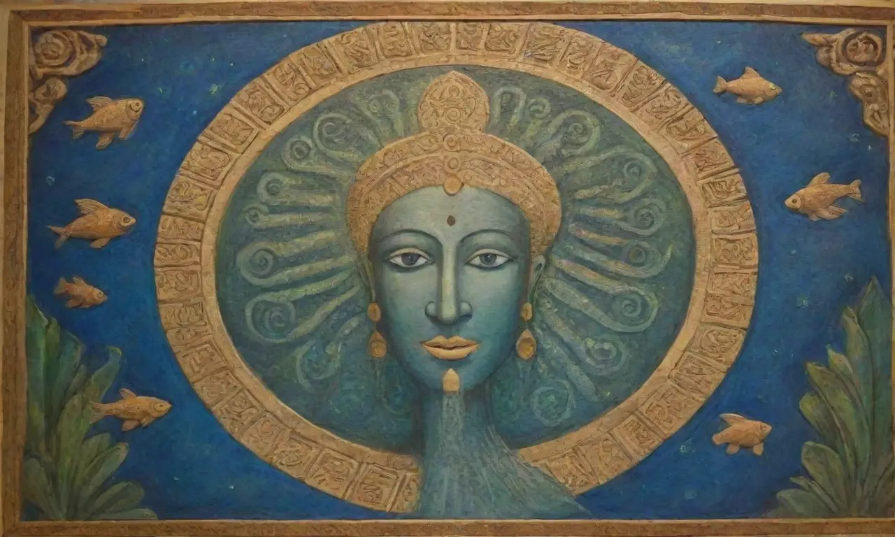 Un mural vibrante que fusiona símbolos sumerios, naturaleza y sabiduría divina