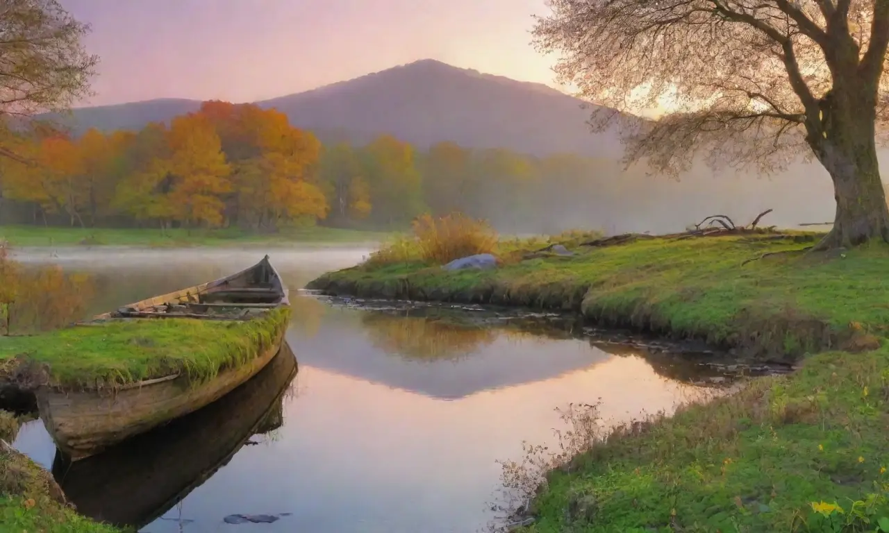 Un río sereno fluye bajo una luz dorada, rodeado de naturaleza vibrante y un ambiente mágico