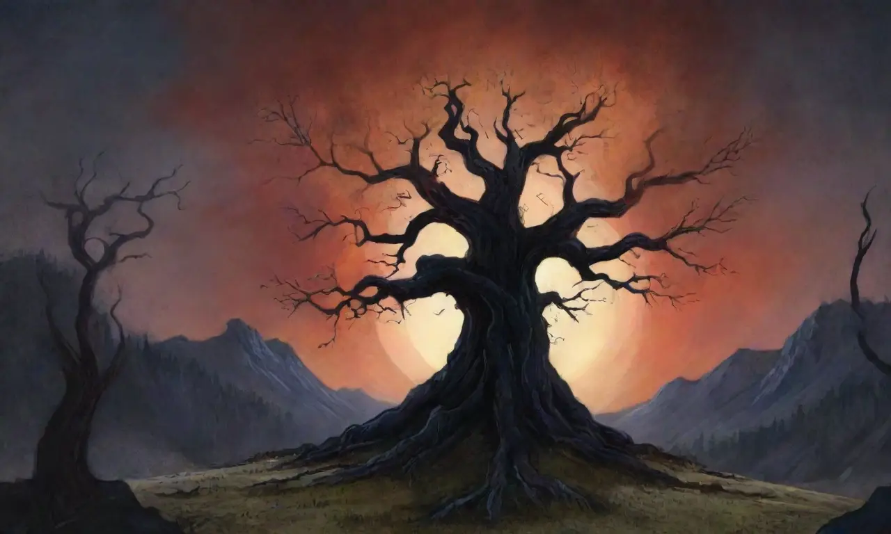 Un paisaje místico y oscuro lleno de sombras, dioses, luces y naturaleza