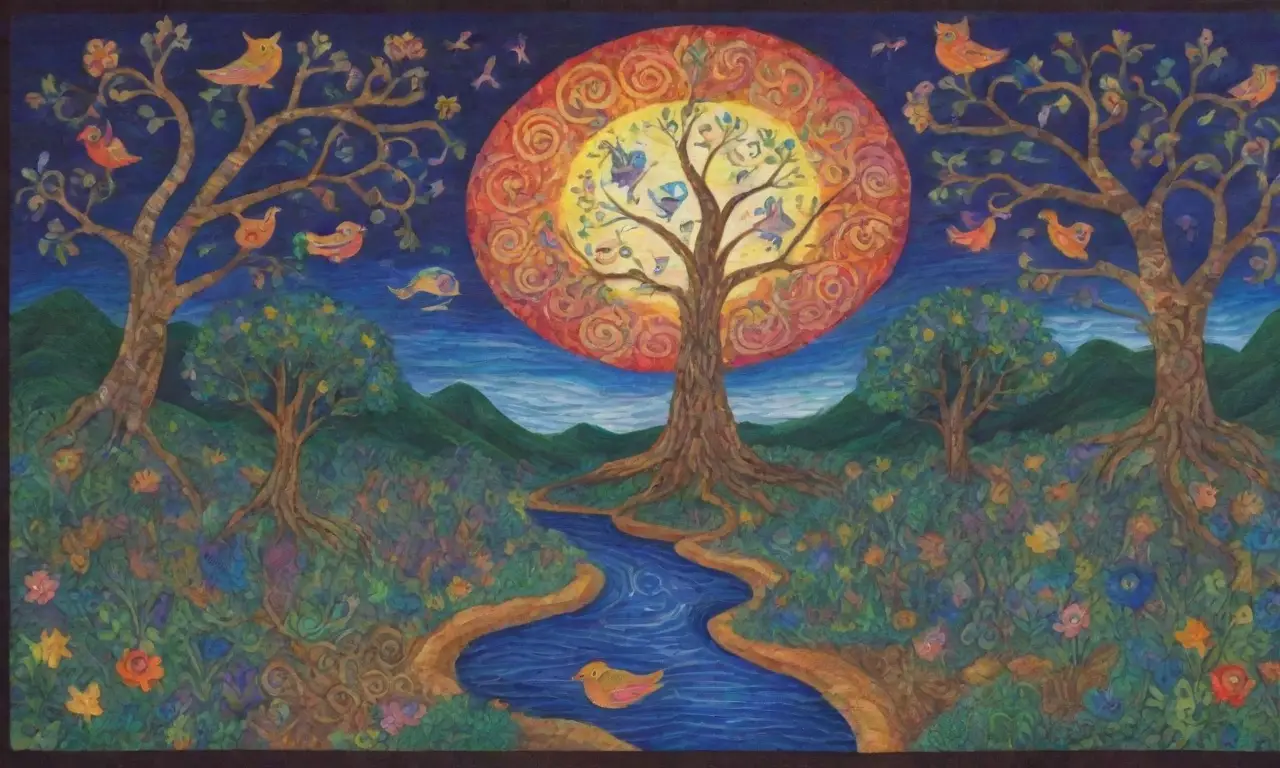 Un mural vibrante con colores, símbolos antiguos, criaturas míticas y una atmósfera de nostalgia y diversidad cultural