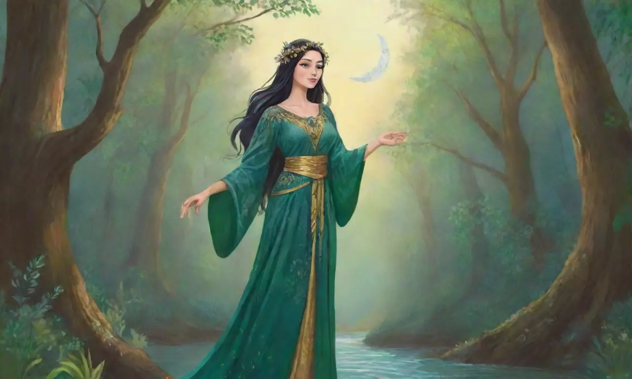 Un bosque exuberante con Artemisa y Penélope, simbolizando fuerza y magia en un paisaje vibrante