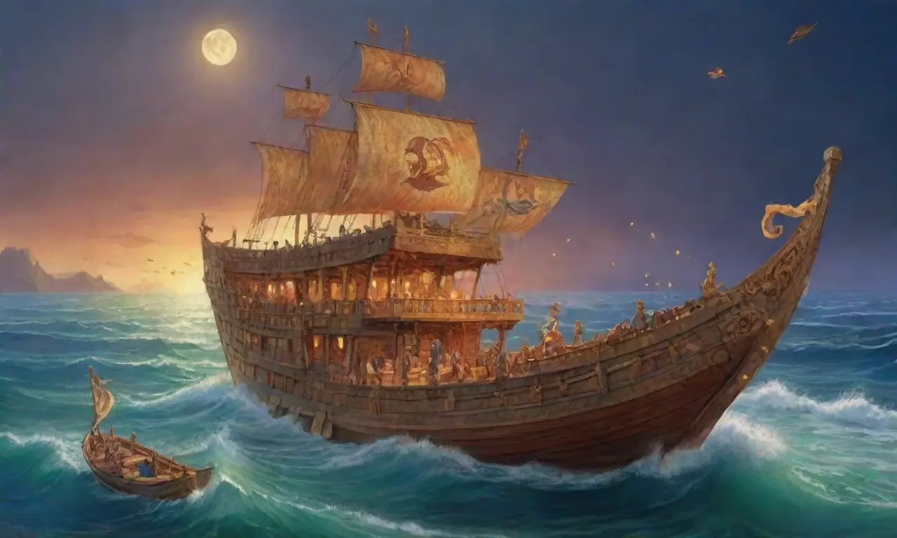 Un héroe legendario se enfrenta a un mar vibrante bajo un cielo estrellado y tormentoso