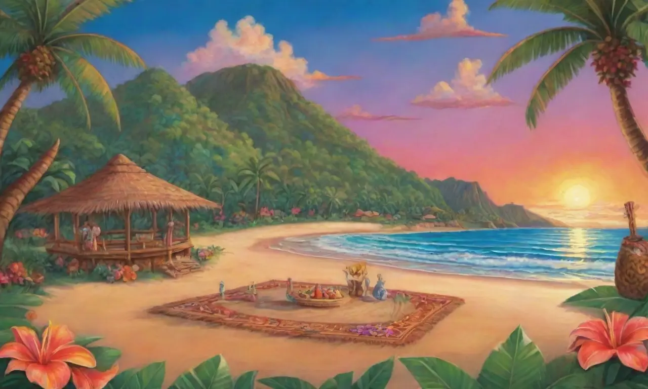 Un paisaje tropical hawaiano lleno de luz, colores vibrantes y tradiciones culturales