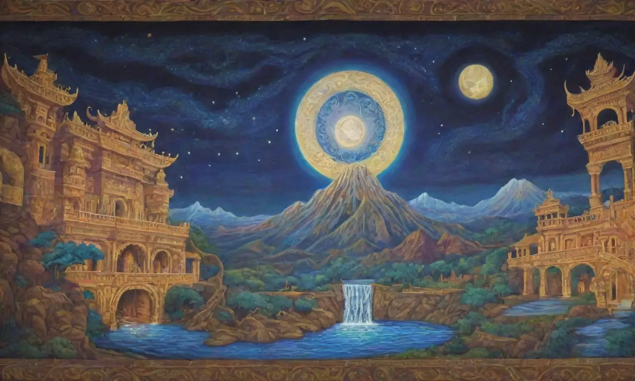 Un mural vibrante con colores intensos y figuras mitológicas que captura la esencia de la aventura
