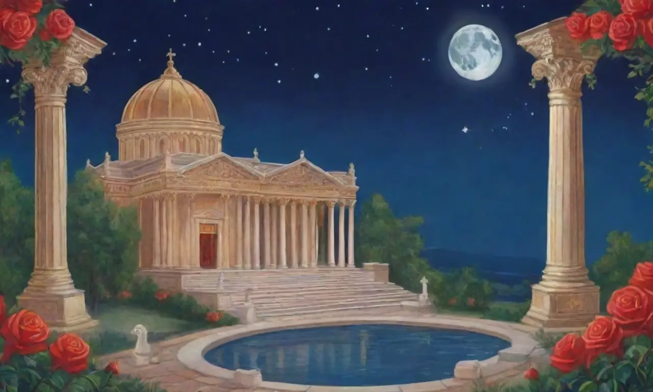 Un paisaje nocturno con arquitectura romana, flores vibrantes y un chariot dorado, simboliza amor y conflicto