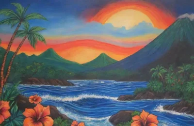 Un mural vibrante muestra un volcán majestuoso rodeado de naturaleza y un cielo que se transforma al atardecer