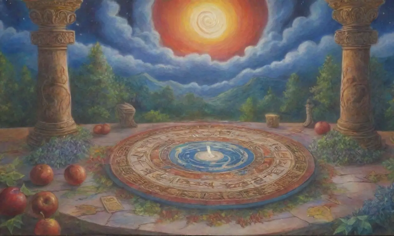 Un tapiz de símbolos antiguos y colores vibrantes que fusiona mitología y filosofía