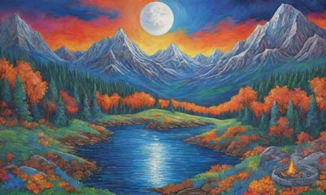 Un paisaje místico de colores vibrantes, símbolos antiguos y una conexión entre vida y más allá