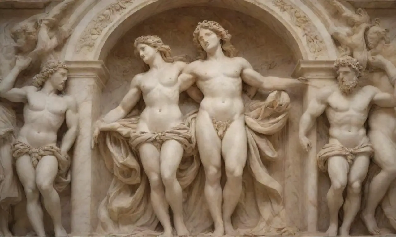 Figuras de mármol con detalles intrincados y escenas mitológicas que reflejan maestría artística y belleza atemporal