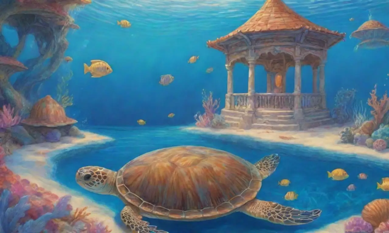 Un sereno paisaje submarino con coloridos corales, peces brillantes, una tortuga majestuosa y un antiguo palacio, todo envuelto en un aura de misterio y nostalgia