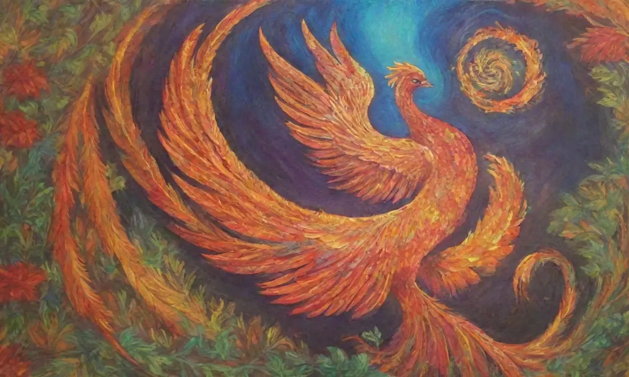 Un majestuoso fénix resplandece en un tapiz de colores vibrantes y símbolos culturales