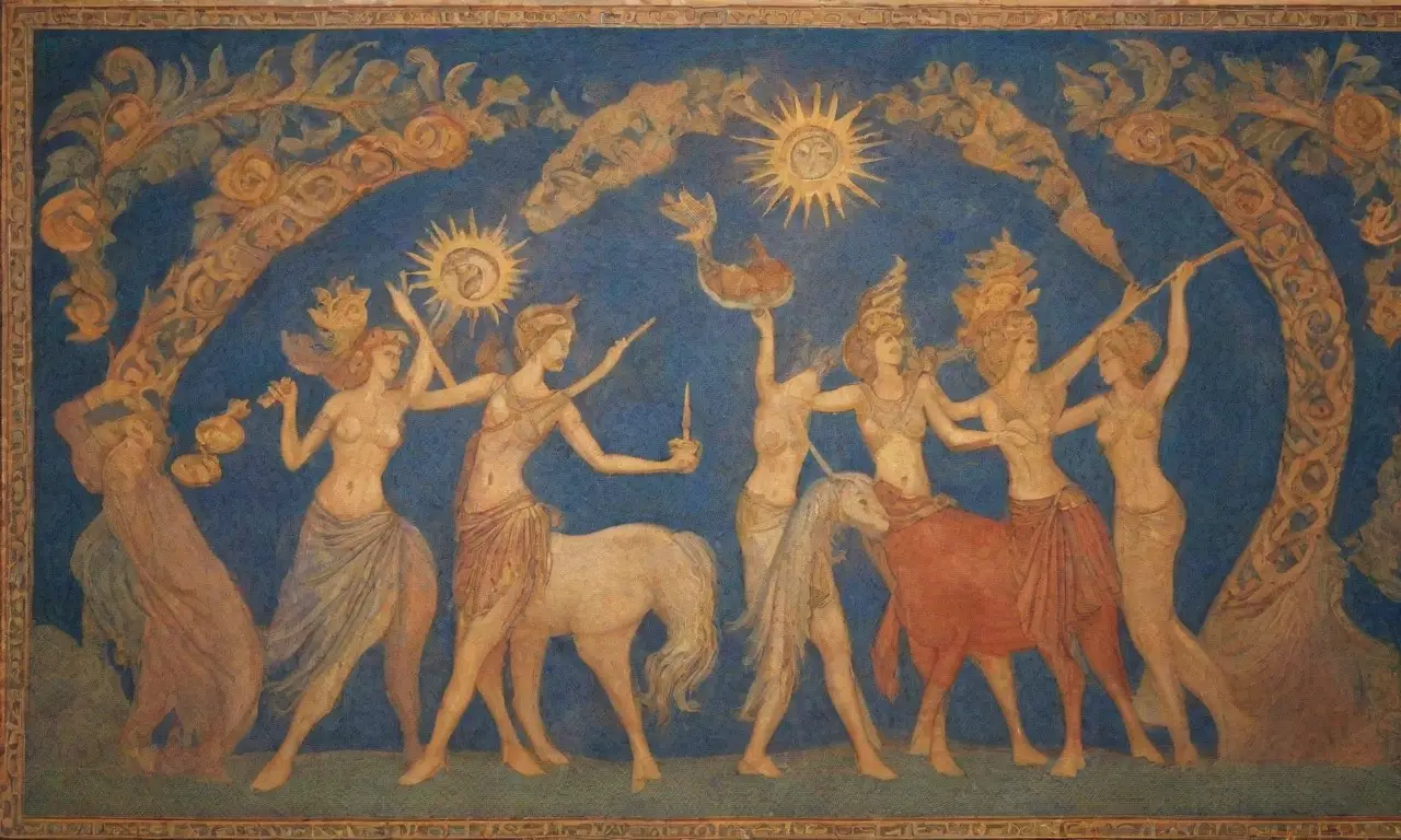 Un mural vibrante que fusiona mitología griega y romana con colores intensos y escenas épicas