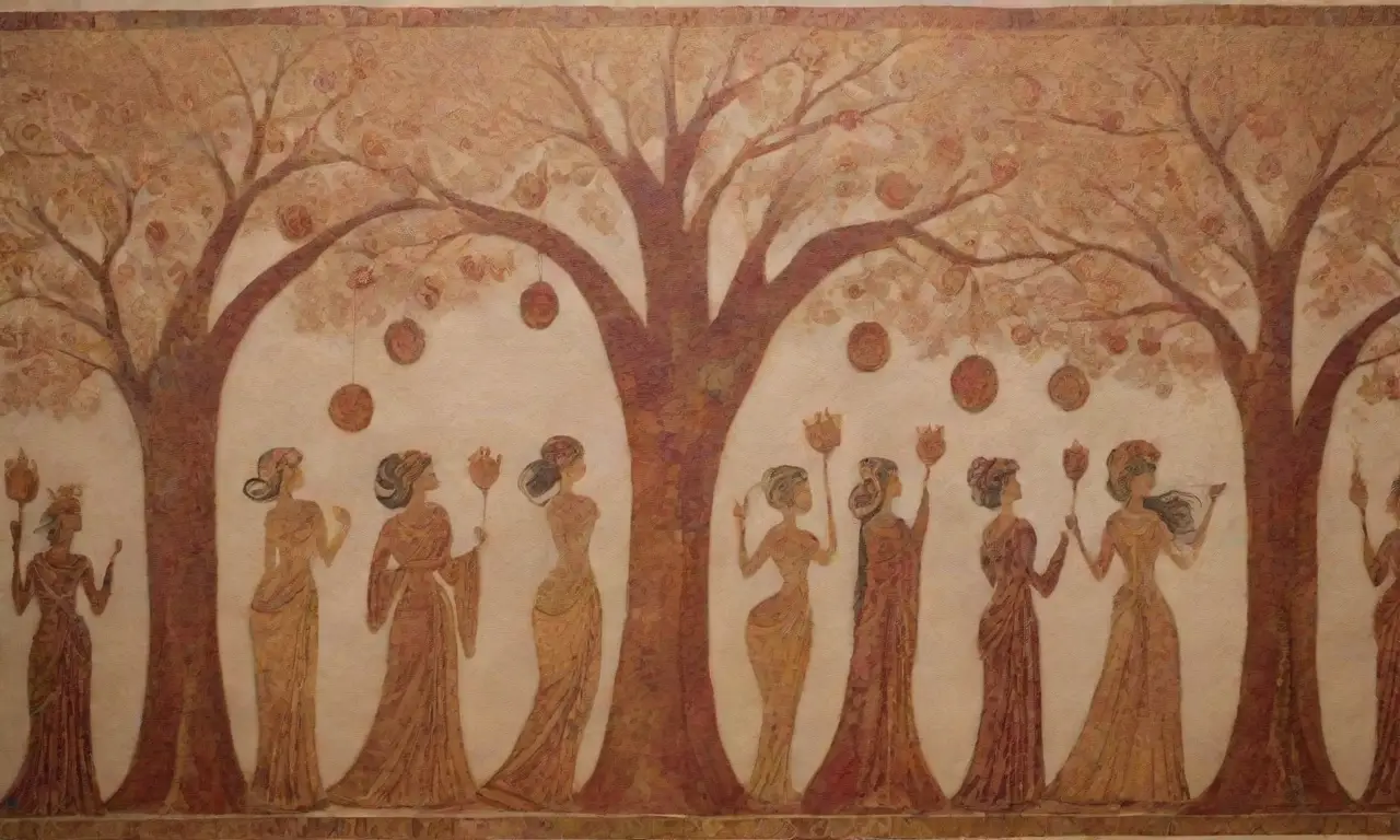 Un tapiz de símbolos antiguos y figuras etéreas que evoca misterio y feminidad