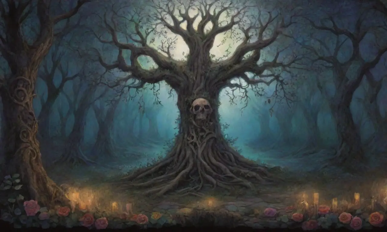Un bosque oscuro con árboles retorcidos, símbolos eslavos, un altar de piedra, espíritus etéreos y la dualidad de la vida y la muerte