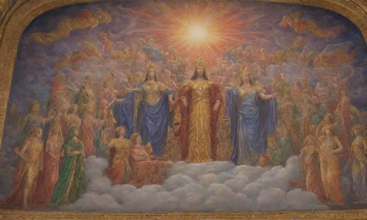 Un mural grandioso de titanes musculosos y dioses en tronos, rodeados de colores vibrantes y mitología, que representa poder y armonía