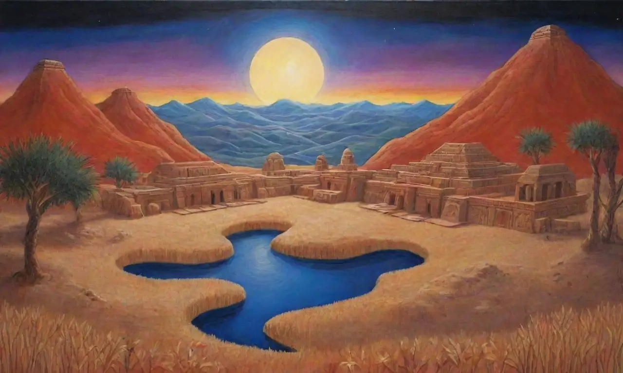 Paisajes sumerios antiguos con cielos azules, campos de trigo dorado, ziggurats, palmeras, ríos, tabletas de arcilla, inscripciones cuneiformes, joyería, puertas del inframundo, figuras sombrías, niebla, motivos rojos y negros, cuerpos celestiales, vestiduras de Inanna, flores, tallas de mitos, antorchas, ecos de cantos antiguos, tonos terrosos, cielos estrellados, luz etérea, patrones de vida y muerte, símbolos de feminidad, rituales sagrados y altares adornados