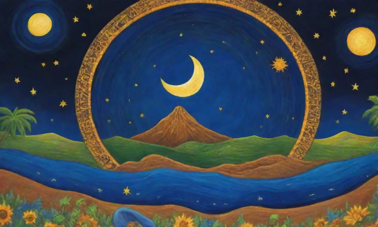 Cielo sumerio con estrellas, luna dorada, ziggurats, ríos brillantes y rituales cósmicos