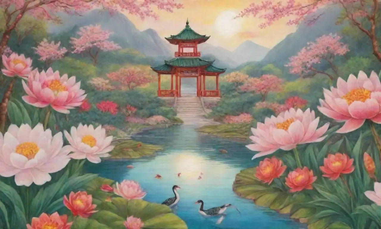 Un paisaje sereno y vibrante de flores, peces y naturaleza evoca sabiduría y tradición