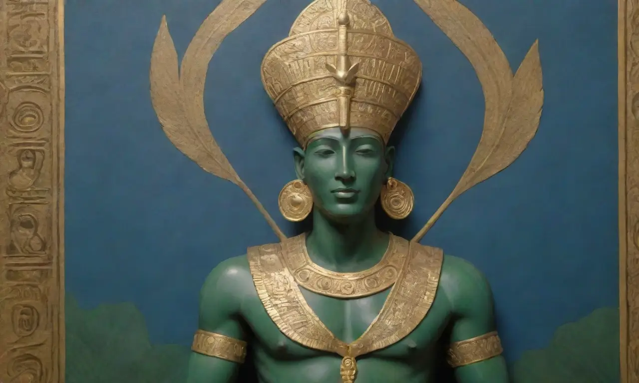 Un majestuoso Osiris rodeado de símbolos sagrados y un paisaje vibrante del antiguo Egipto