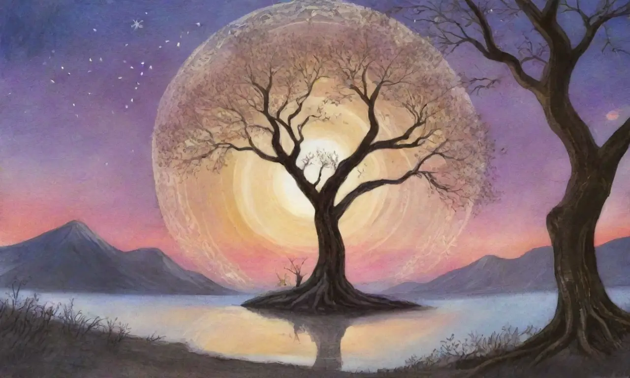 Un paisaje mágico con un árbol sabio, un lago crepuscular, un cuervo solitario y un libro antiguo abierto
