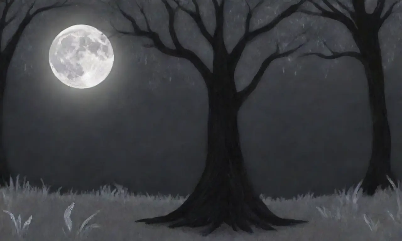 Un bosque oscuro y misterioso, lleno de sombras, un héroe solitario y un aura radiante, rodeado de ecos de risas y presagios trágicos