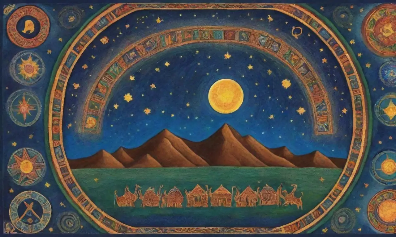 Patrones celestiales vibrantes y símbolos incas en un paisaje cósmico lleno de vida