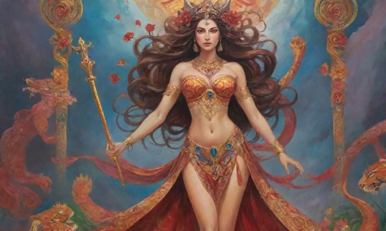 Una diosa guerrera resplandece entre colores vibrantes y símbolos de poder