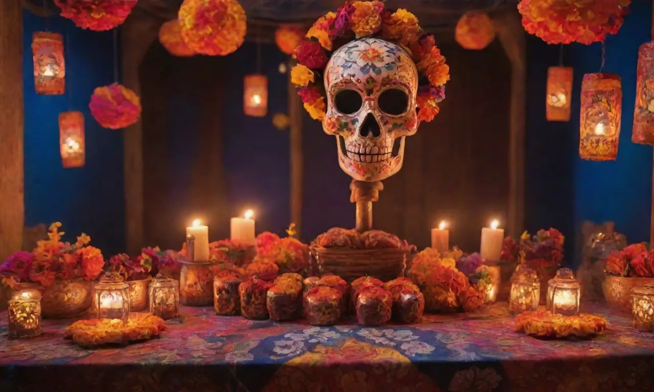 Una celebración vibrante y colorida que honra a los ancestros con ofrendas y tradiciones