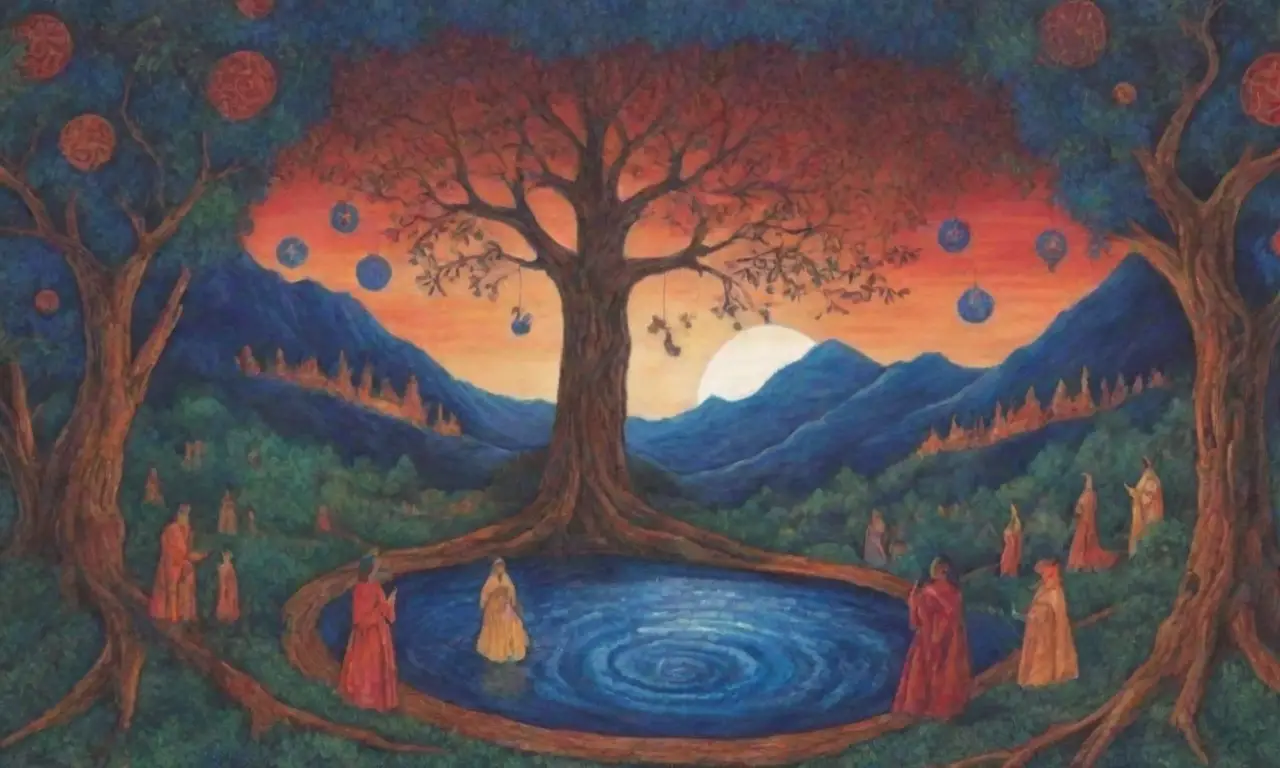 Un paisaje místico lleno de colores vibrantes, símbolos ancestrales y una conexión espiritual